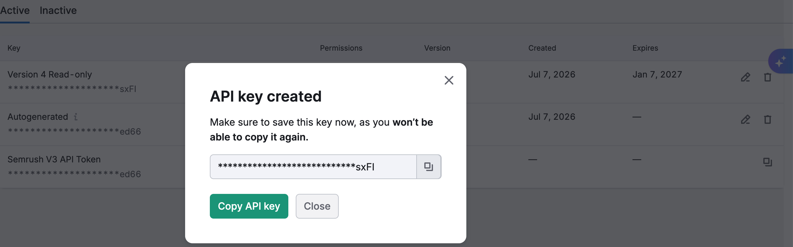 API key created